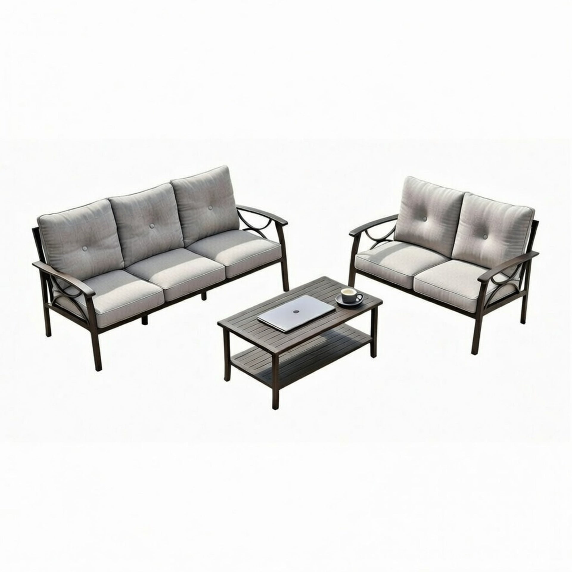 3-Piece Metal Patio Furniture Set, 5-Seat All-Weather Conversation Sofa with 4 Inches Thick Gray Cushions, Khaki Frame, Coffee Table for Porch Backyard Garden