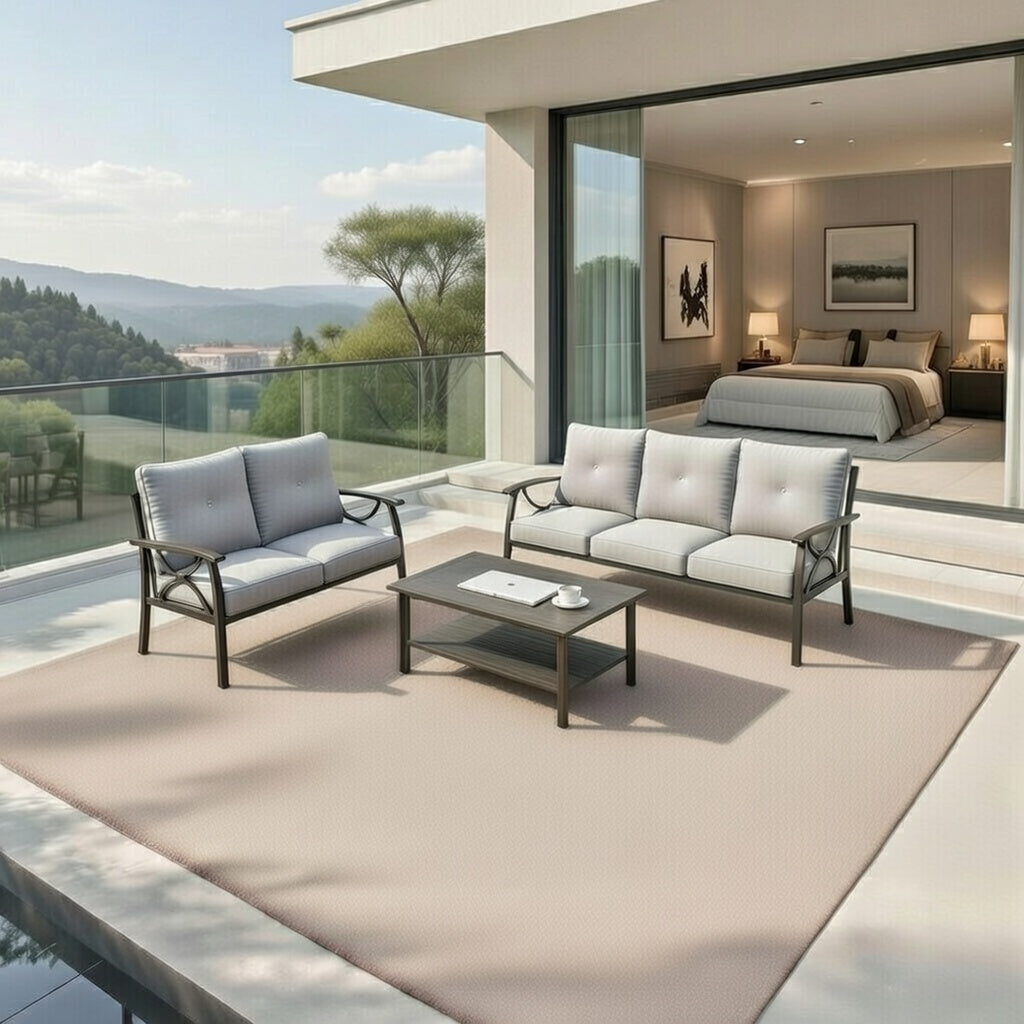 3-Piece Metal Patio Furniture Set, 5-Seat All-Weather Conversation Sofa with 4 Inches Thick Gray Cushions, Khaki Frame, Coffee Table for Porch Backyard Garden