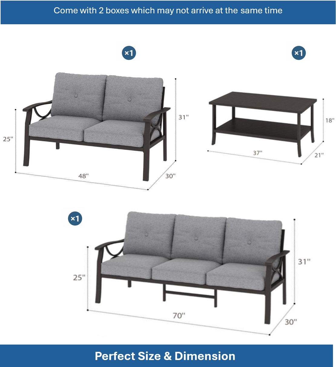3-Piece Metal Patio Furniture Set, 5-Seat All-Weather Conversation Sofa with 4 Inches Thick Gray Cushions, Khaki Frame, Coffee Table for Porch Backyard Garden