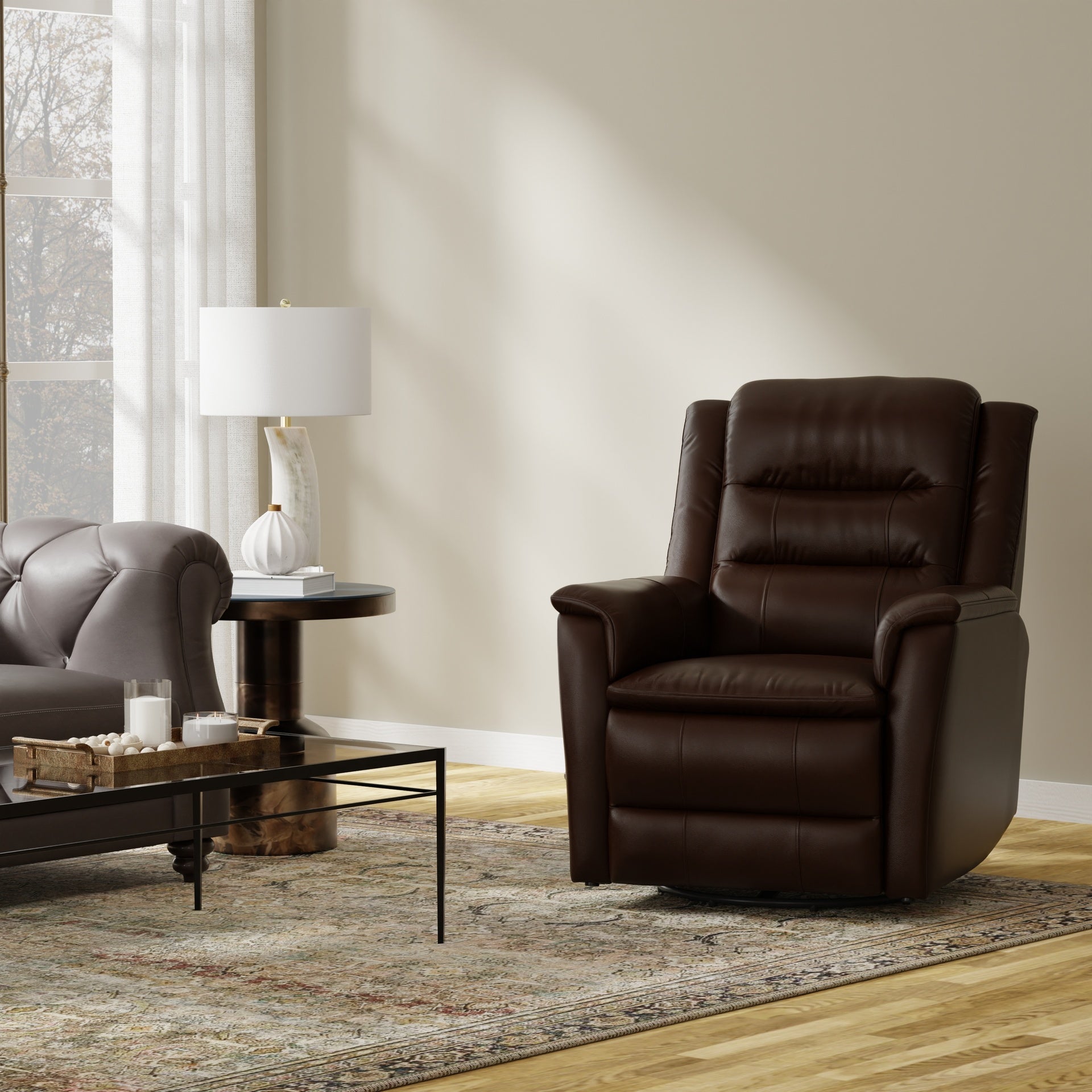 Global Home Swivel Recliner with Manual Footrest In Brazil Tobacco