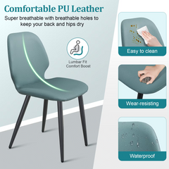 Green Leather Dining Chair with Metal Legs, Shell Shape Upholstered Chair Set of 6 for Kitchen, Restaurant, Living, Meeting Room