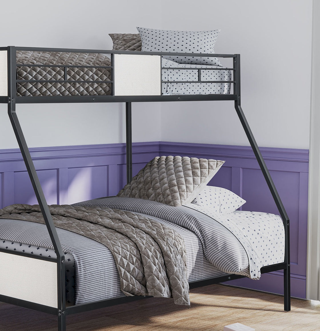 Contemporary Style Twin Over Full Bunk Bed Footboard Ladder Two Tone Design Metal Structure, Black