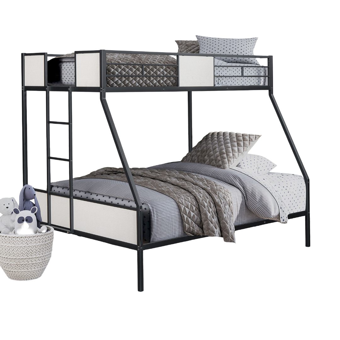 Contemporary Style Twin Over Full Bunk Bed Footboard Ladder Two Tone Design Metal Structure, Black