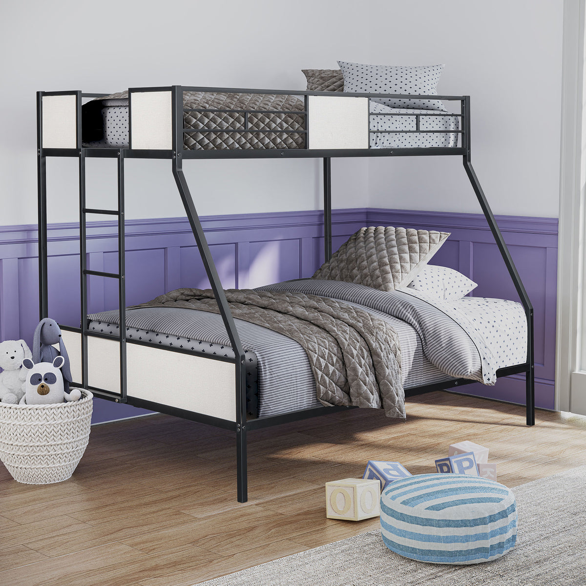 Contemporary Style Twin Over Full Bunk Bed Footboard Ladder Two Tone Design Metal Structure, Black