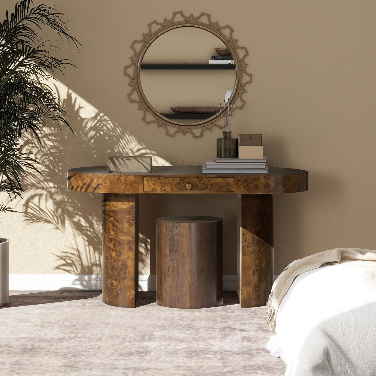 Jesse 55.5" Single Drawer Oval Computer Desk, Dark Brown Burl Wood