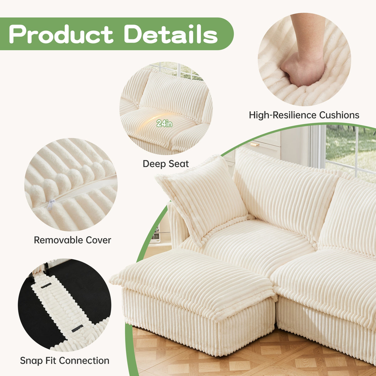Slipcovered Long Sofa, 4 Seater Sofa with Removable Cover, Extra Deep Couch for Living Room, Corduroy Fabric Cloud Like Comfy Sofa Couch, Cream Corduroy Fabric