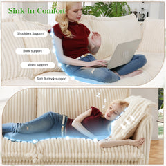 Slipcovered Long Sofa, 4 Seater Sofa with Removable Cover, Extra Deep Couch for Living Room, Corduroy Fabric Cloud Like Comfy Sofa Couch, Cream Corduroy Fabric