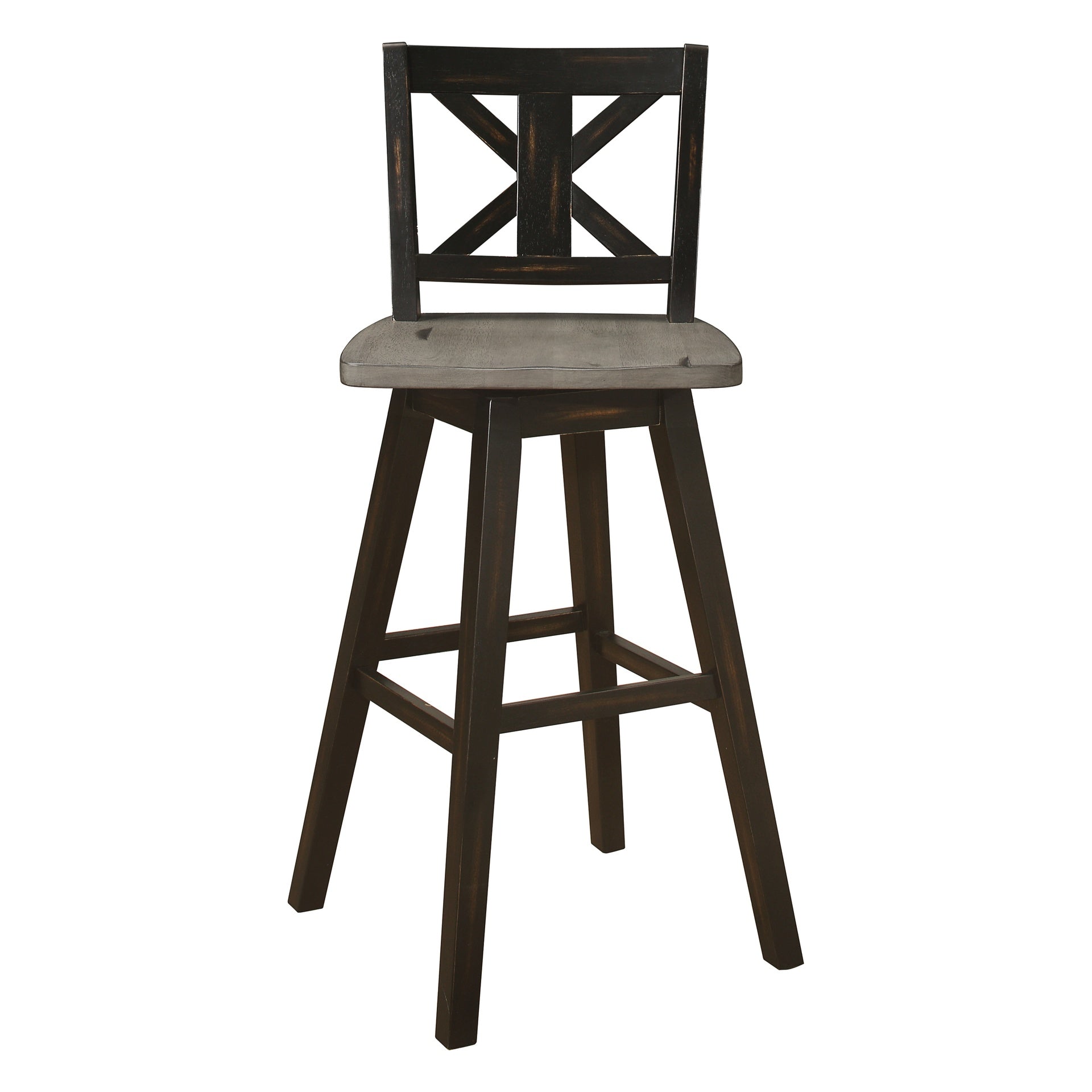 Pub Height Chairs Set of 2, Distressed Gray and Black 360-degree Swivel Chair Solid Rubberwood Furniture, X-Back Bar Chairs