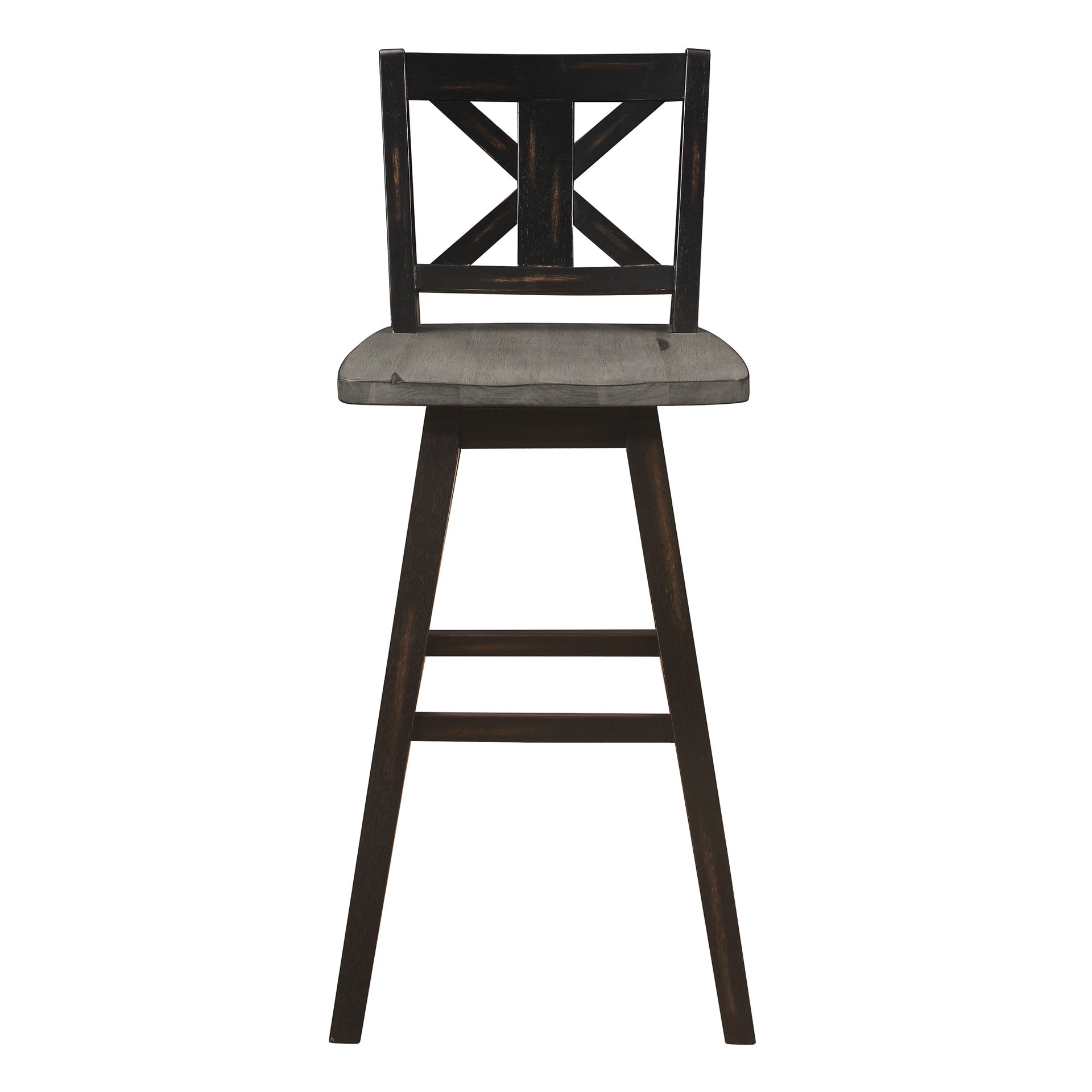 Pub Height Chairs Set of 2, Distressed Gray and Black 360-degree Swivel Chair Solid Rubberwood Furniture, X-Back Bar Chairs