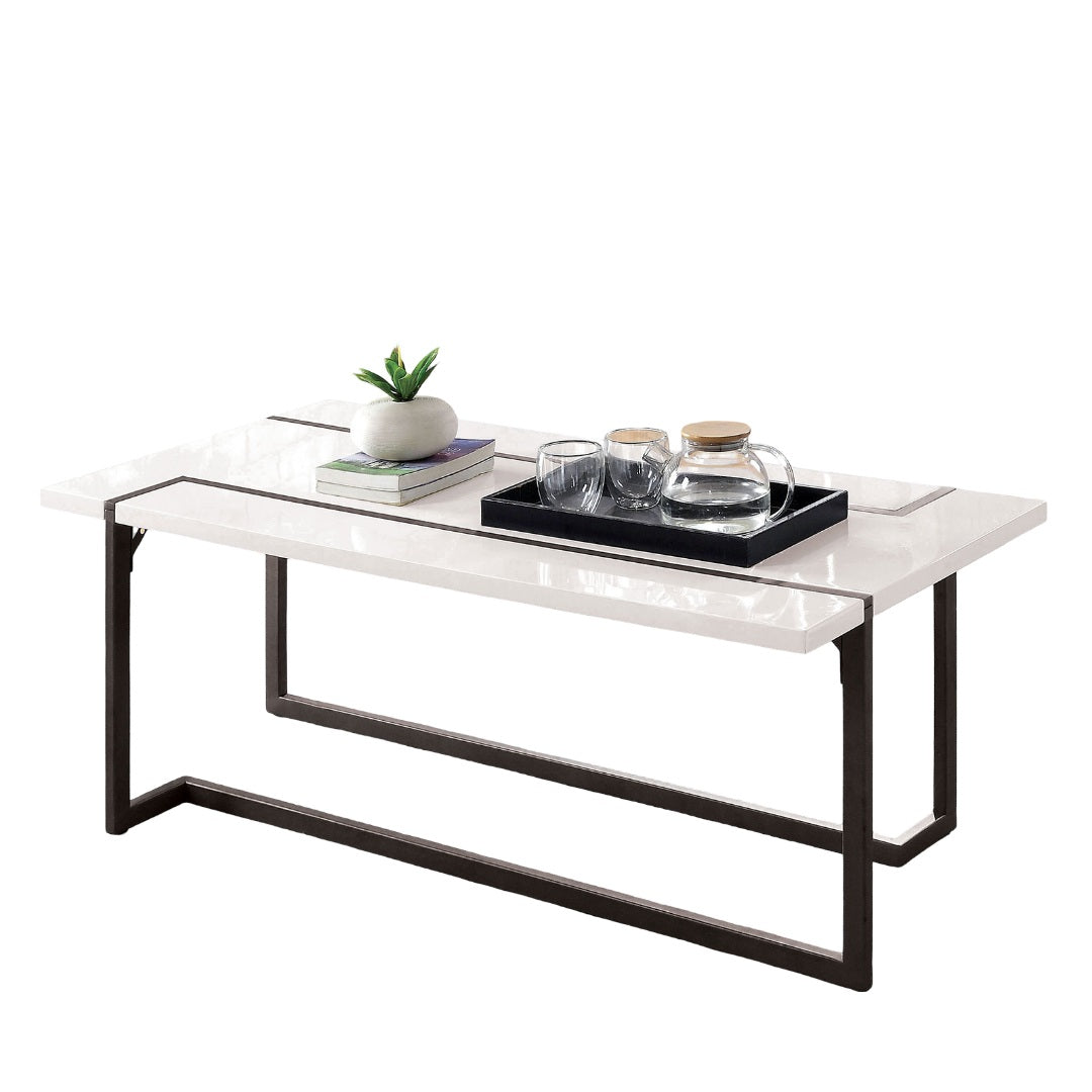 Modern Contemporary Style Coffee Table  Legs Extending Out On The Table Top Lacquer Top Metal And Steel Structure White And Gun Metal Finish