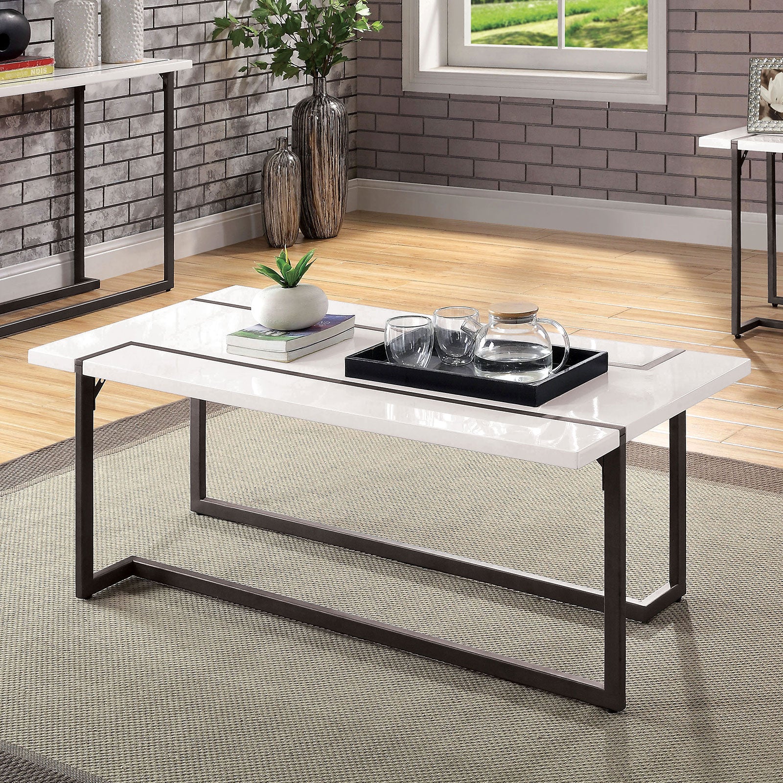 Modern Contemporary Style Coffee Table  Legs Extending Out On The Table Top Lacquer Top Metal And Steel Structure White And Gun Metal Finish