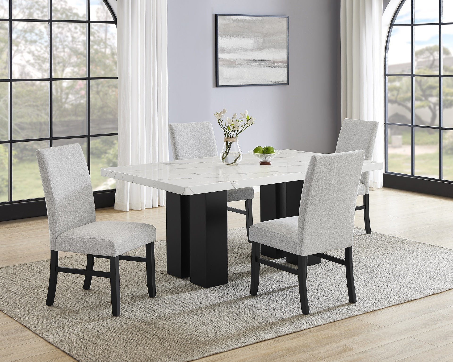 5pc Dining Set White Rectangular Marble-like Tabletop Dark-finished Base Upholstered Chairs Soft Wooden Dining Room Furniture