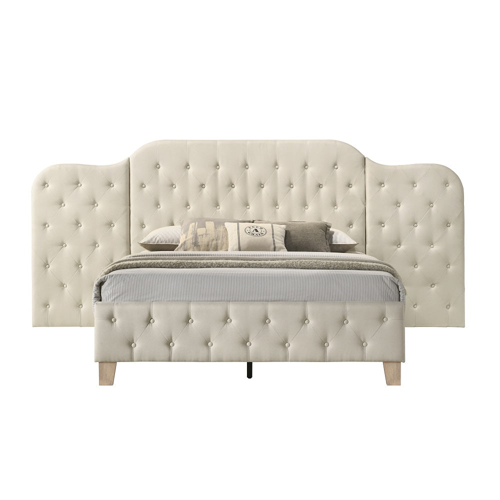 Contemporary Beige Fabric Upholstered Bed Queen Size Wall Panel Large Headboard Button Tufted Wooden Bedroom Furniture 1pc