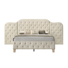 Contemporary Beige Fabric Upholstered Bed Queen Size Wall Panel Large Headboard Button Tufted Wooden Bedroom Furniture 1pc