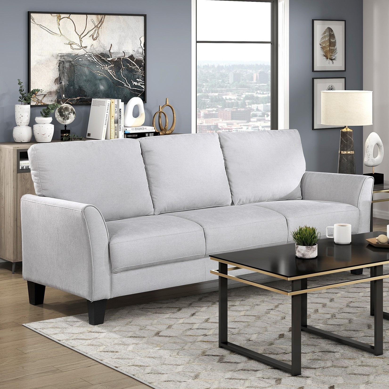 Modern Contemporary Sofa Set 2pc Gray Upholstered Sofa Loveseat Plush Seat Comfort Durable Solid Wood Living Room Furniture