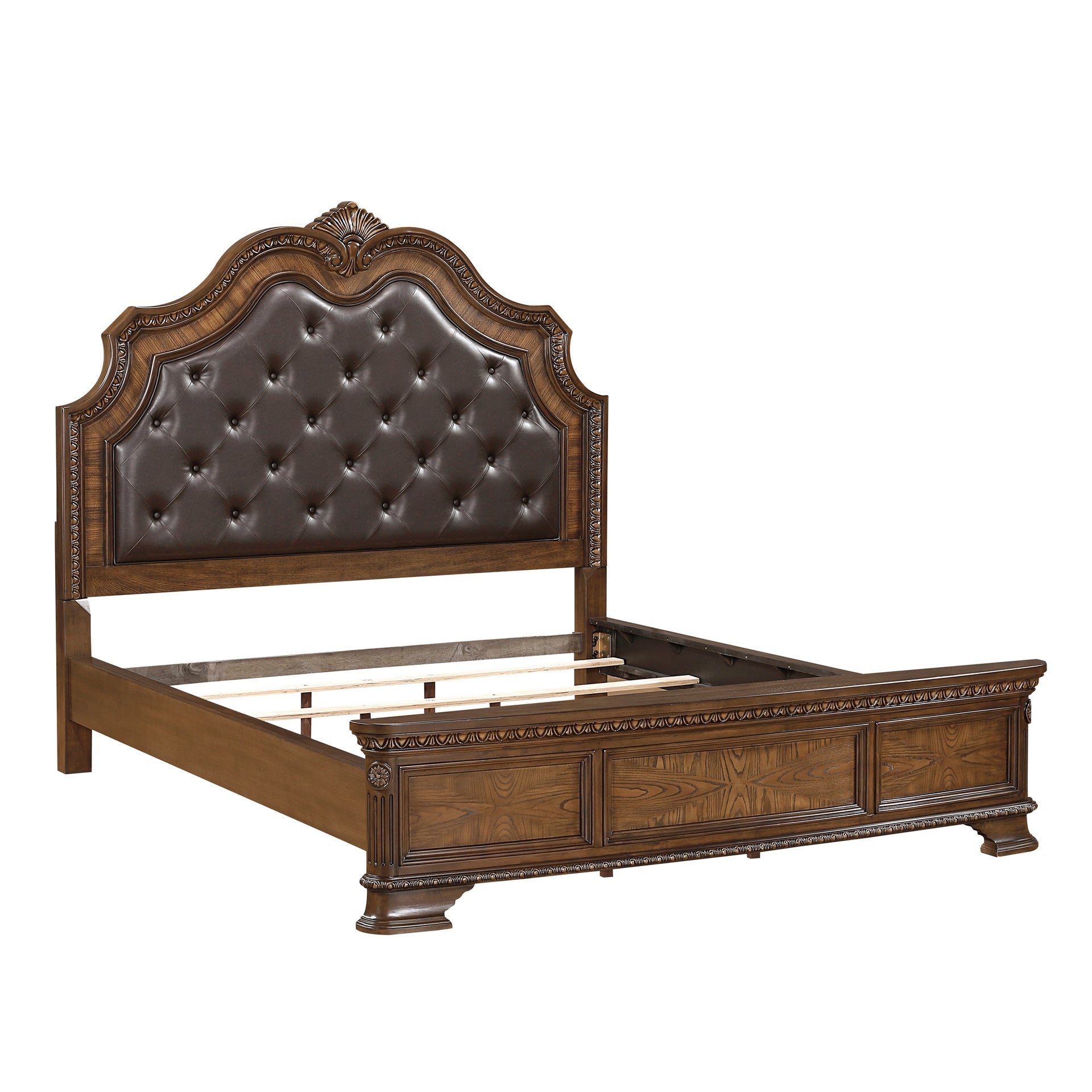 Formal Elegant Design Queen Bed Upholstered Headboard Dark Brown Finish Wooden Traditional Bedroom Furniture 1pc Intricate Carvings