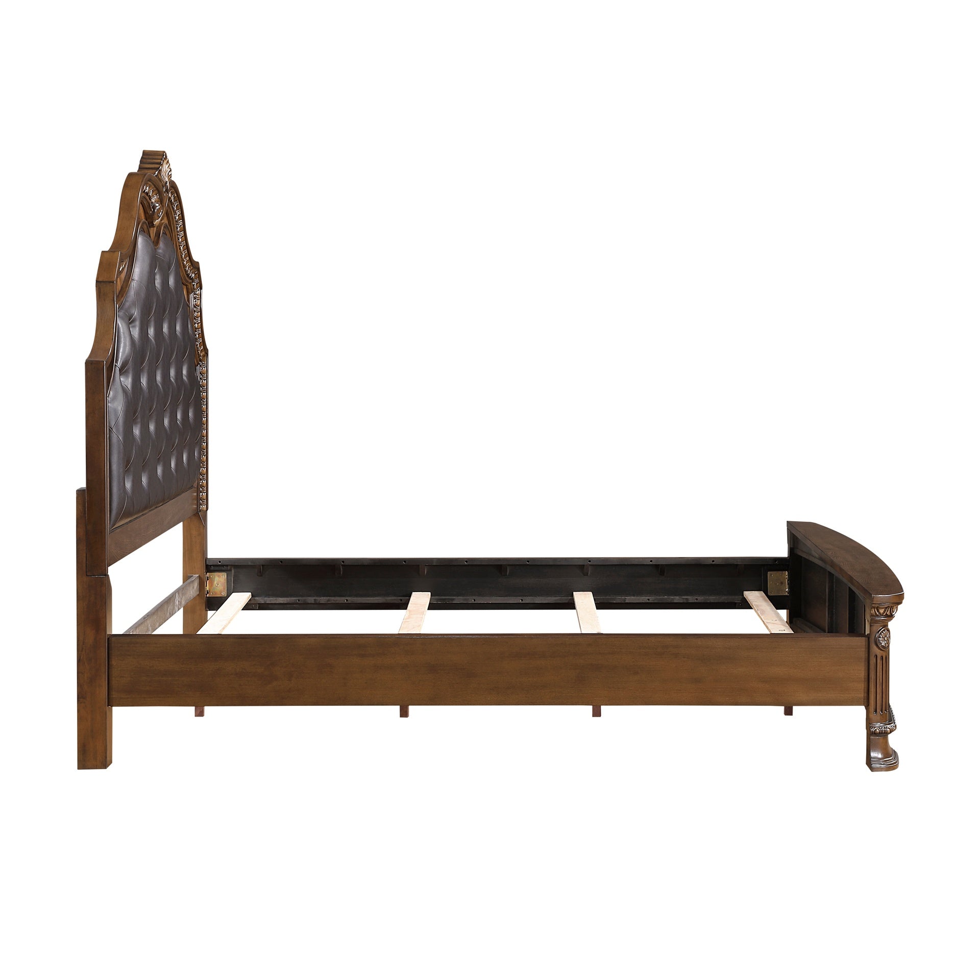 Formal Elegant Design Queen Bed Upholstered Headboard Dark Brown Finish Wooden Traditional Bedroom Furniture 1pc Intricate Carvings