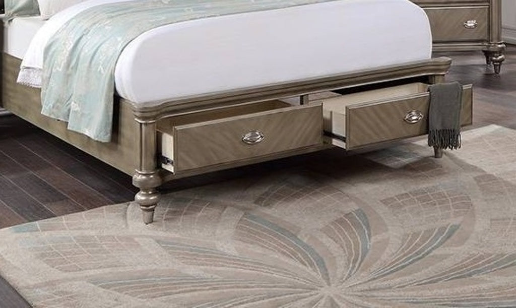 1pc Queen Size Bed Two Panel Upholstered Headboard Footboard Drawers Antique Silver Finish Bedroom Furniture