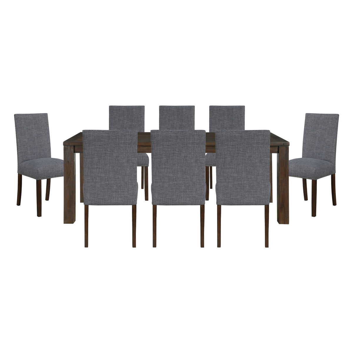 Classic 9pc Dining Set Dark Brown Finish Table and 8x Side Chairs Comfort Upholstery Gray Dining Kitchen Furniture