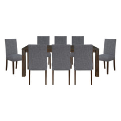 Classic 9pc Dining Set Dark Brown Finish Table and 8x Side Chairs Comfort Upholstery Gray Dining Kitchen Furniture