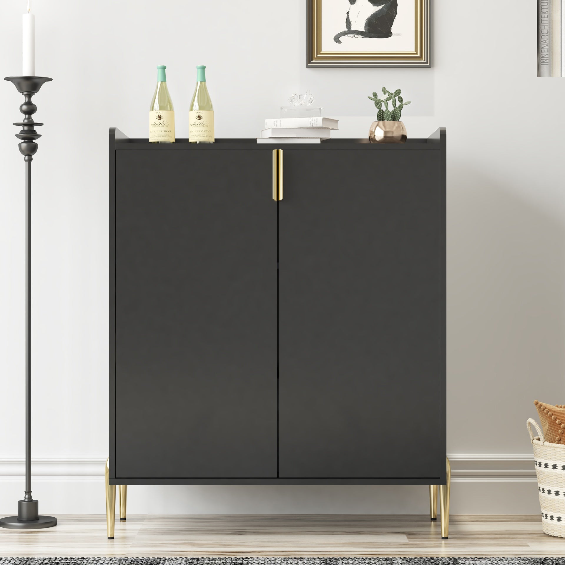 2 doors home wine bar cabinet with wine rack & adjustable storage shelf, modern sideboard with soft-closing hinge, dinning room buffet cabinet, Liquor Cabinet kitchen, living room coffee cart BLACK