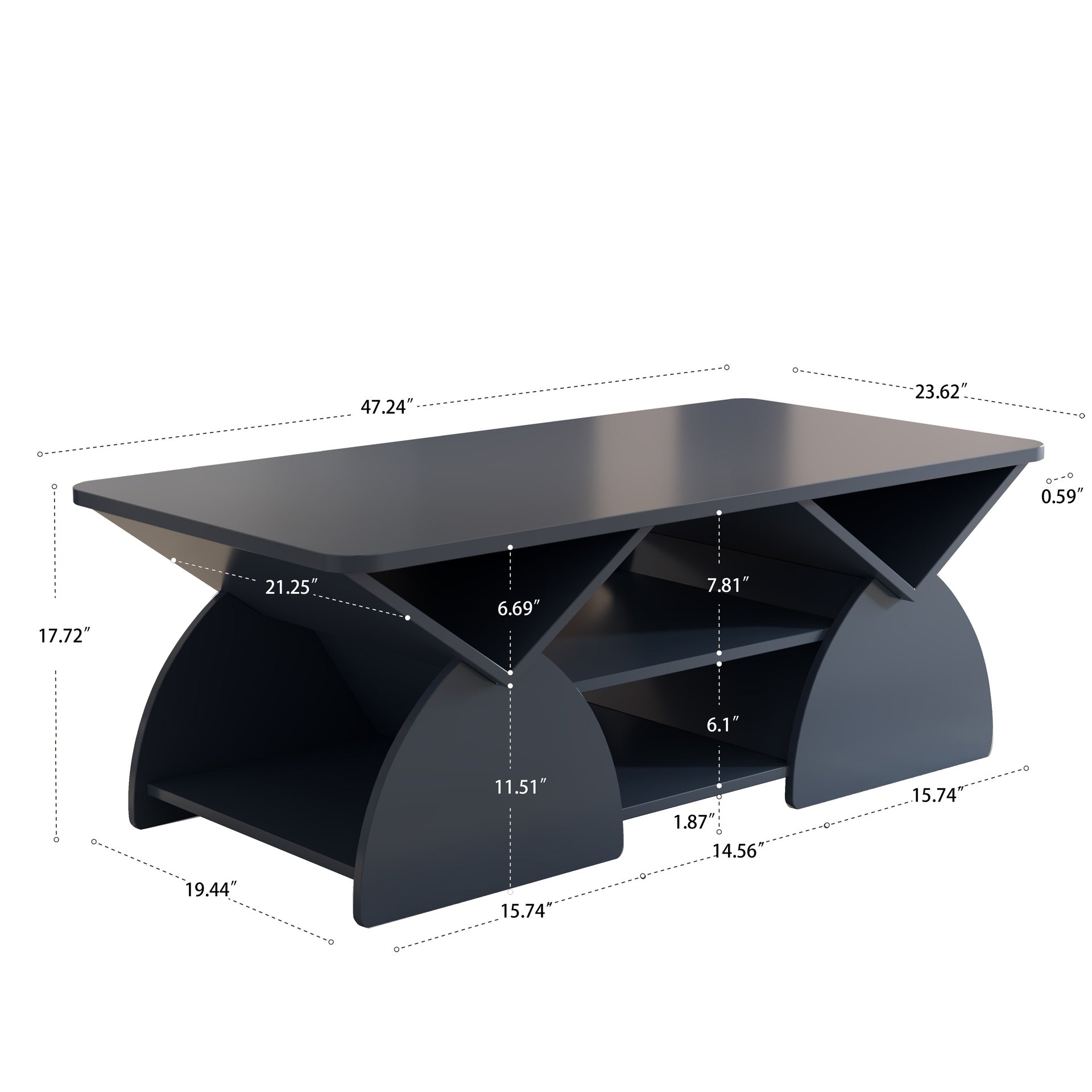 Engineered wood rounded corner rectangular coffee table for living room, easy assembly storage table with open shelves sturdy frame for Reception Room, Modern Coffee Table Geometric Design BLUE