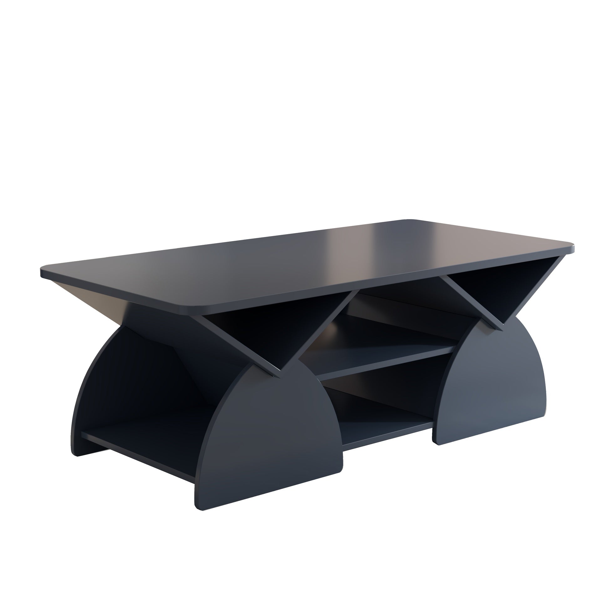 Engineered wood rounded corner rectangular coffee table for living room, easy assembly storage table with open shelves sturdy frame for Reception Room, Modern Coffee Table Geometric Design BLUE
