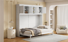 Queen Size Murphy Bed Wall Bed with Top Cabinets & Wine Rack ,White
