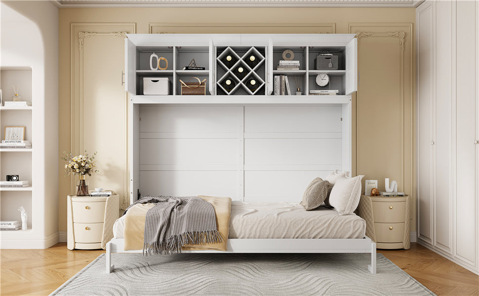 Queen Size Murphy Bed Wall Bed with Top Cabinets & Wine Rack ,White