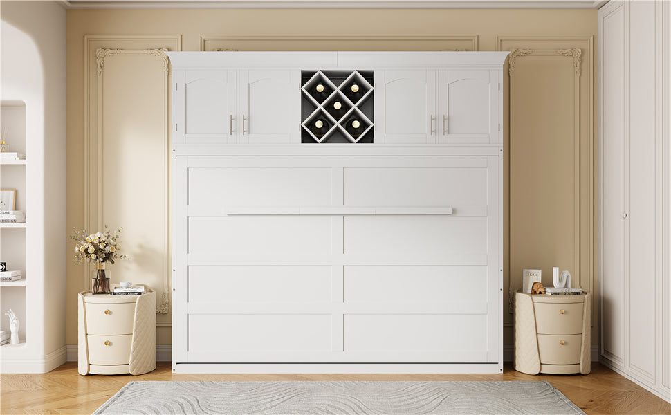 Queen Size Murphy Bed Wall Bed with Top Cabinets & Wine Rack ,White