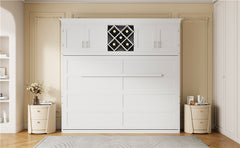 Queen Size Murphy Bed Wall Bed with Top Cabinets & Wine Rack ,White