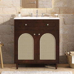 30" Bathroom Vanity with Ceramic Sink, Solid Wood Frame Bathroom Sink Cabinet with Adjustable Shelf, Tip-Drawer, Rattan Front Panels