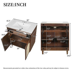 30" Bathroom Vanity with Ceramic Sink, Solid Wood Frame Bathroom Sink Cabinet with Adjustable Shelf, Tip-Drawer, Rattan Front Panels