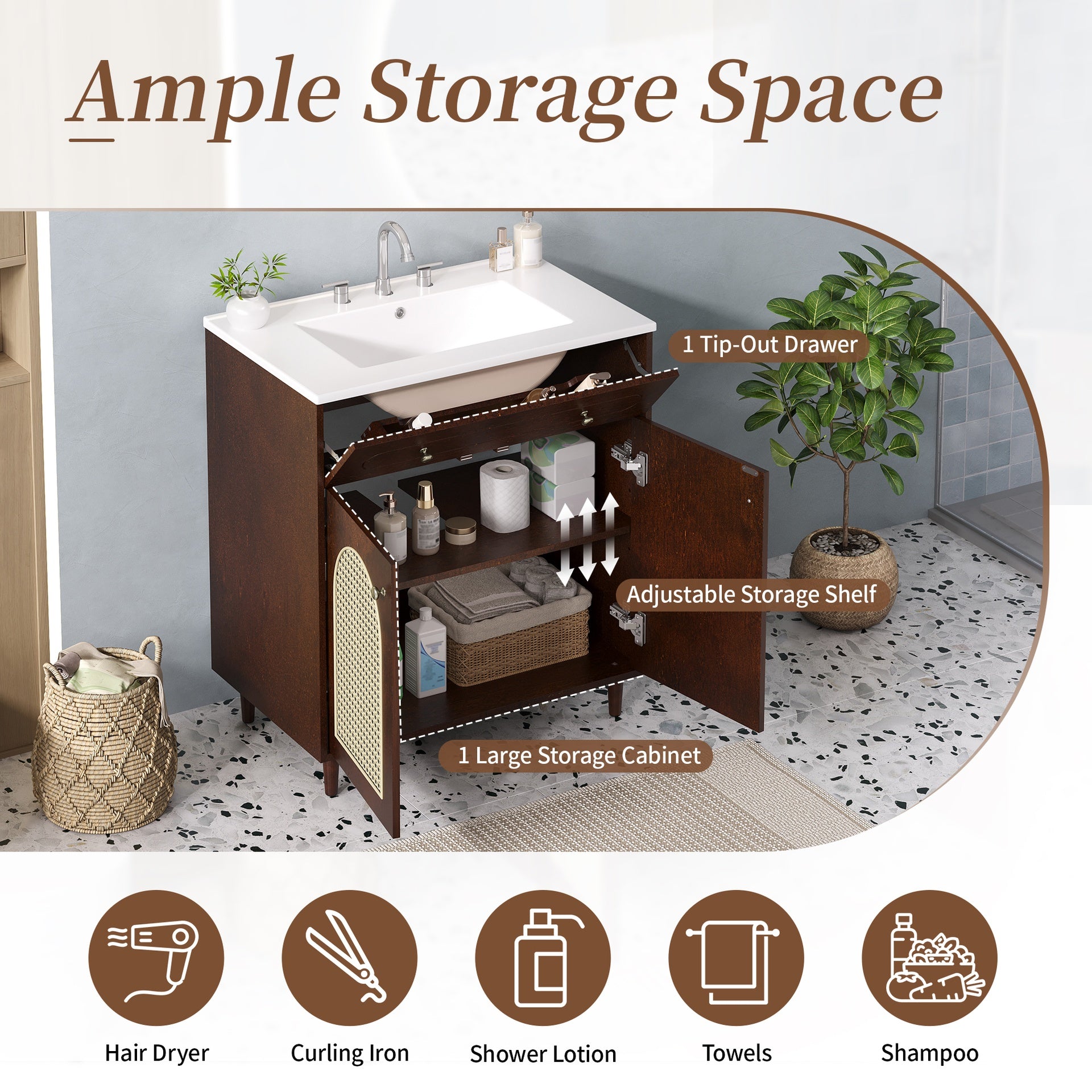 30" Bathroom Vanity with Ceramic Sink, Solid Wood Frame Bathroom Sink Cabinet with Adjustable Shelf, Tip-Drawer, Rattan Front Panels