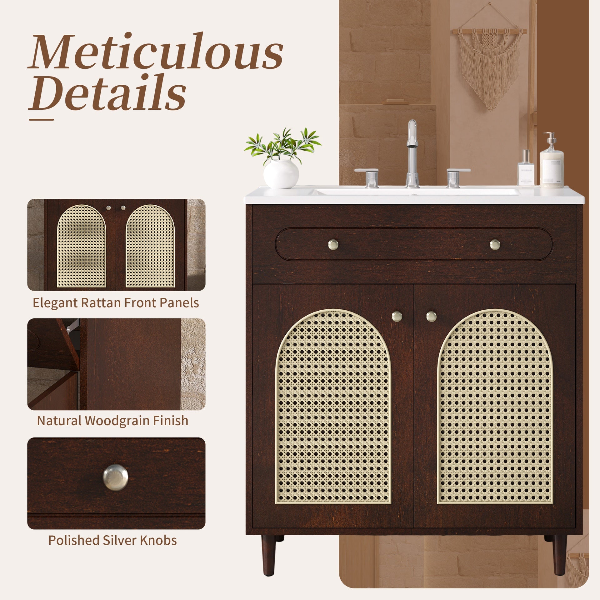 30" Bathroom Vanity with Ceramic Sink, Solid Wood Frame Bathroom Sink Cabinet with Adjustable Shelf, Tip-Drawer, Rattan Front Panels
