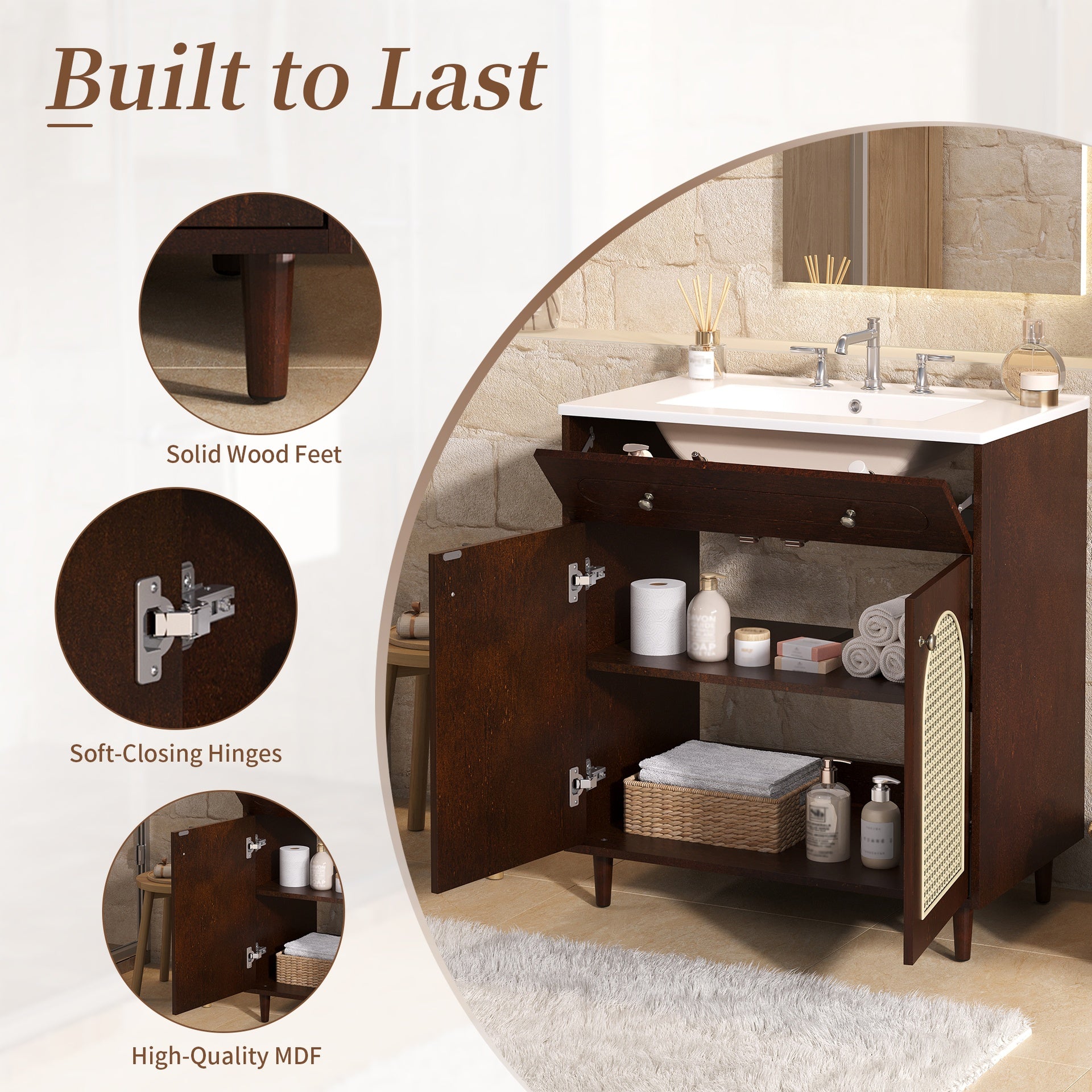 30" Bathroom Vanity with Ceramic Sink, Solid Wood Frame Bathroom Sink Cabinet with Adjustable Shelf, Tip-Drawer, Rattan Front Panels