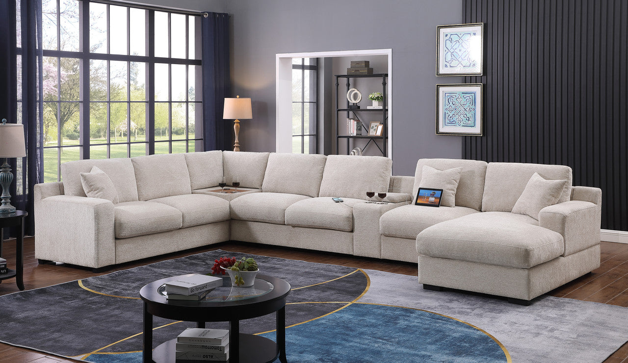 Chiara 141.5"W Beige Chenille Fabric Corner Sectional Sofa with Right-Facing Chaise, Cupholders, and Charging Ports