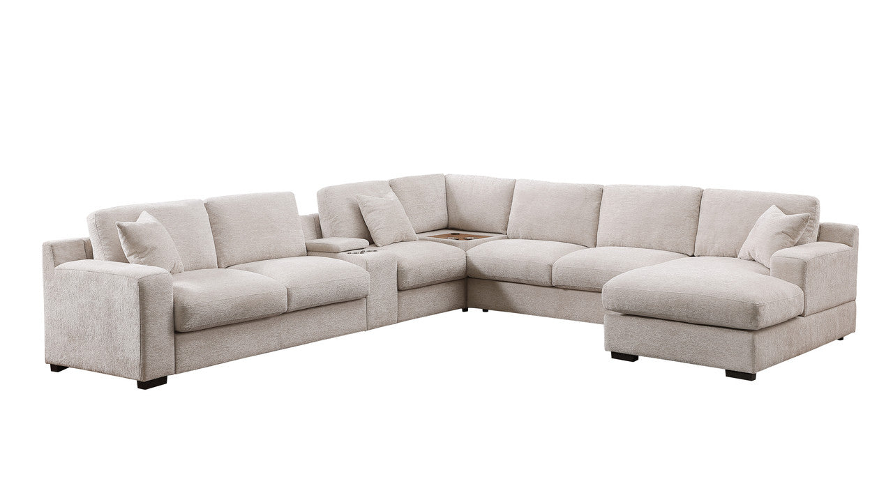 Chiara 141.5"W Beige Chenille Fabric Corner Sectional Sofa with Right-Facing Chaise, Cupholders, and Charging Ports