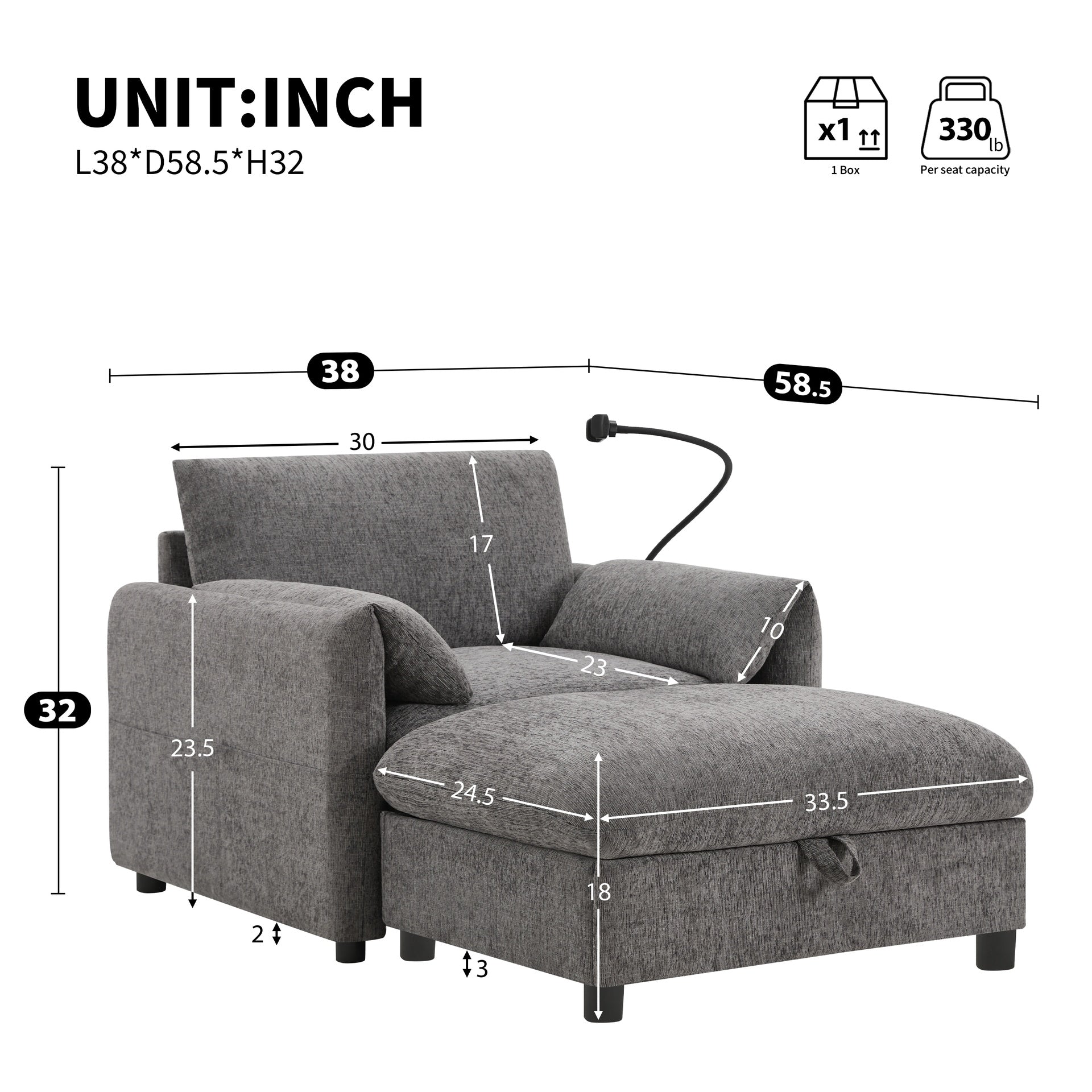 38" Single Sofa with Storage Ottoman, Adjustable Phone Holder, USB Charger, Side Storage Pockets, Pillow-Like Armrests, Wide Seat Chaise Lounge for Living Room&Apartment, Chenille, 4 Colors