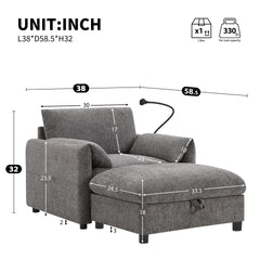 38" Single Sofa with Storage Ottoman, Adjustable Phone Holder, USB Charger, Side Storage Pockets, Pillow-Like Armrests, Wide Seat Chaise Lounge for Living Room&Apartment, Chenille, 4 Colors