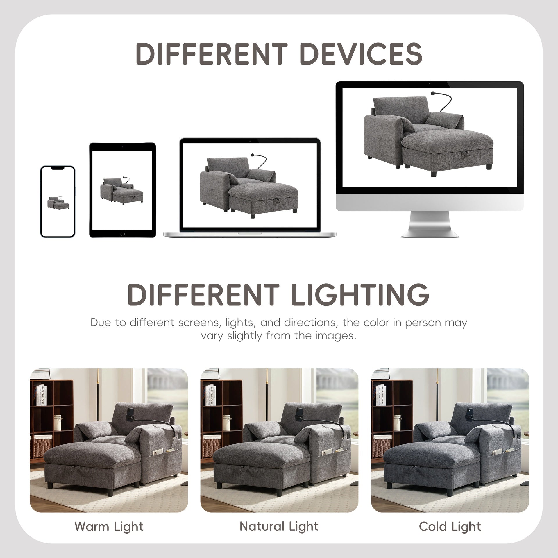 38" Single Sofa with Storage Ottoman, Adjustable Phone Holder, USB Charger, Side Storage Pockets, Pillow-Like Armrests, Wide Seat Chaise Lounge for Living Room&Apartment, Chenille, 4 Colors