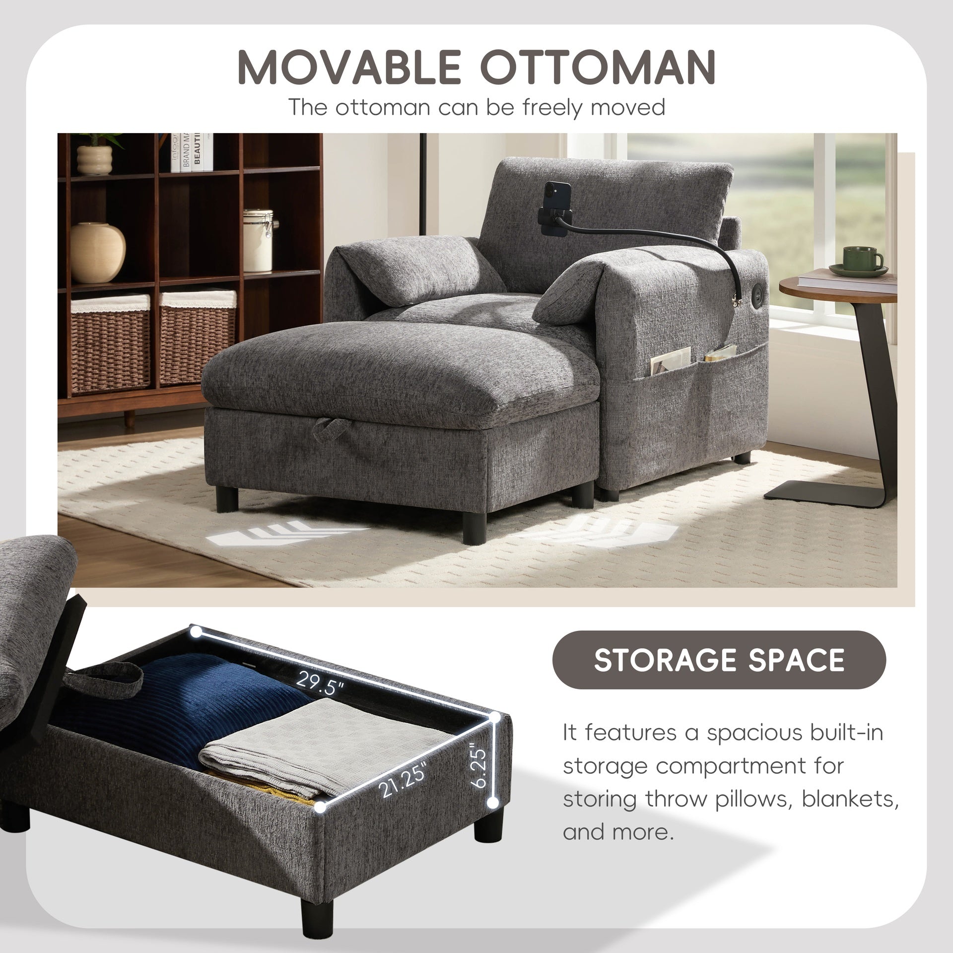 38" Single Sofa with Storage Ottoman, Adjustable Phone Holder, USB Charger, Side Storage Pockets, Pillow-Like Armrests, Wide Seat Chaise Lounge for Living Room&Apartment, Chenille, 4 Colors