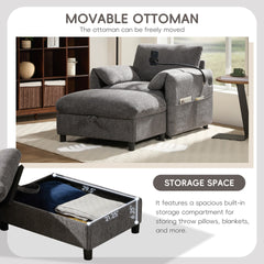 38" Single Sofa with Storage Ottoman, Adjustable Phone Holder, USB Charger, Side Storage Pockets, Pillow-Like Armrests, Wide Seat Chaise Lounge for Living Room&Apartment, Chenille, 4 Colors