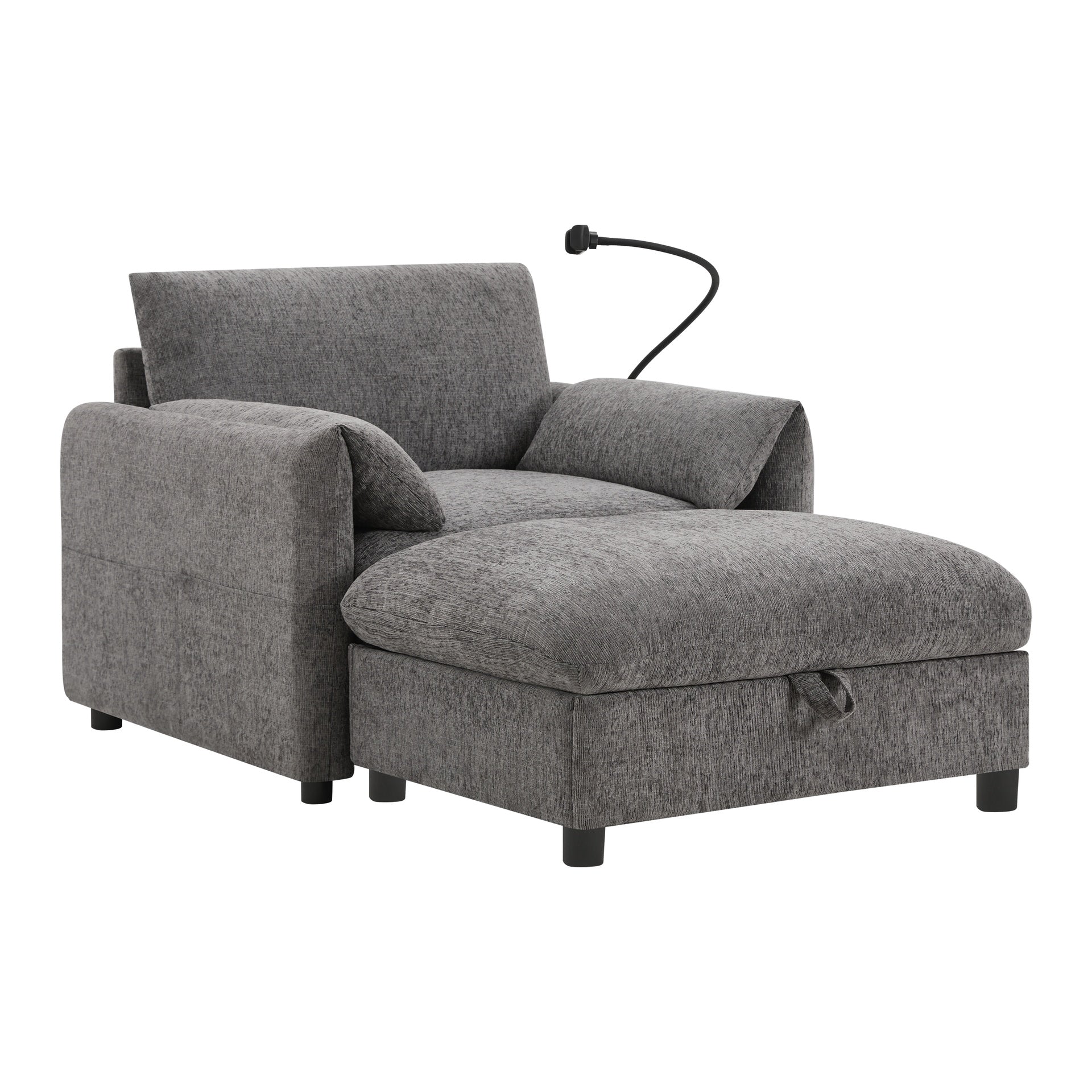 38" Single Sofa with Storage Ottoman, Adjustable Phone Holder, USB Charger, Side Storage Pockets, Pillow-Like Armrests, Wide Seat Chaise Lounge for Living Room&Apartment, Chenille, 4 Colors