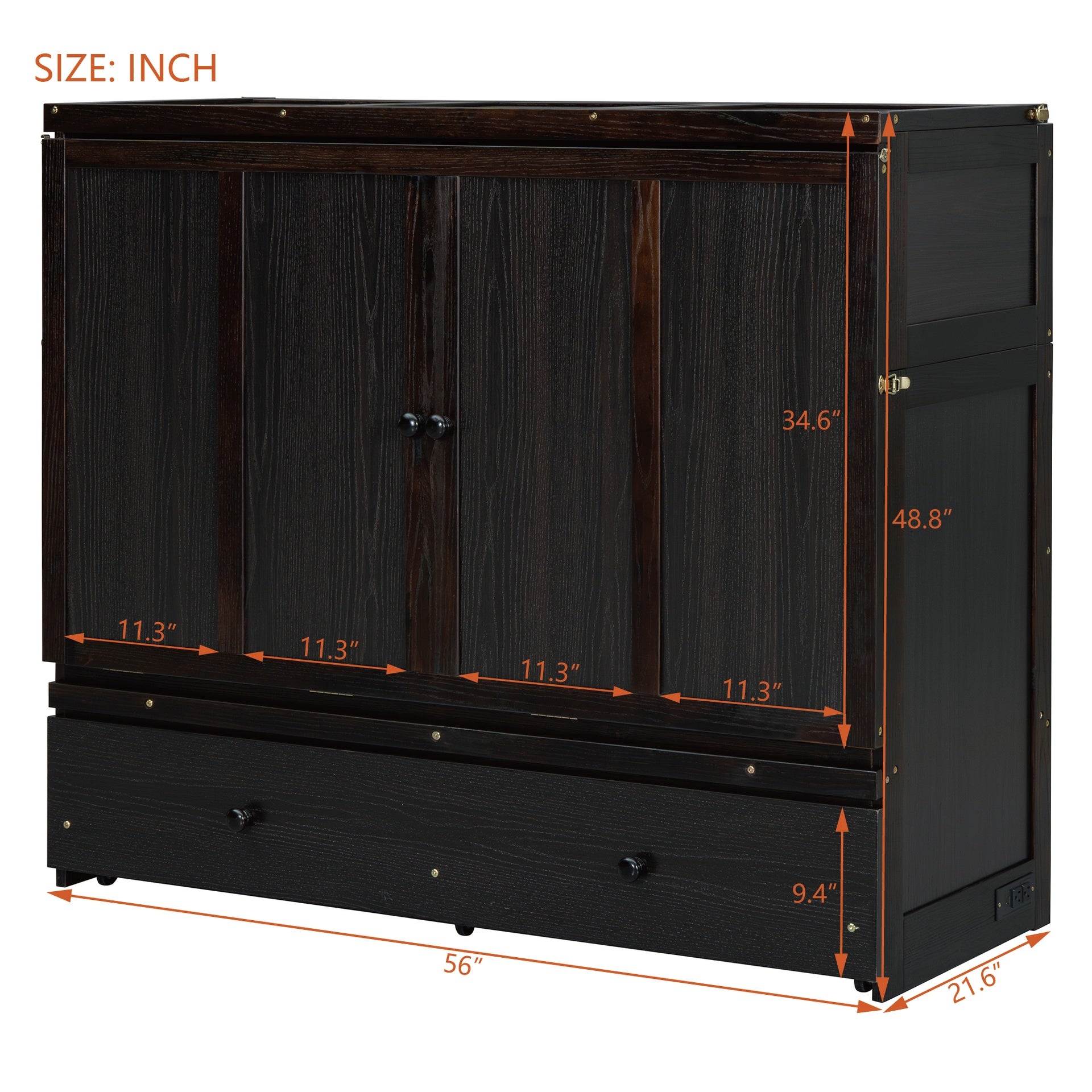 Full Size Murphy Bed with USB Port and a Large Drawer, Espresso