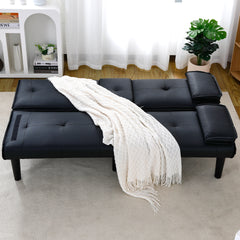 The 67-inch black PVC multi-functional sofa bed with a foldable and cup holder design makes it extremely convenient to turn the living room into a guest room