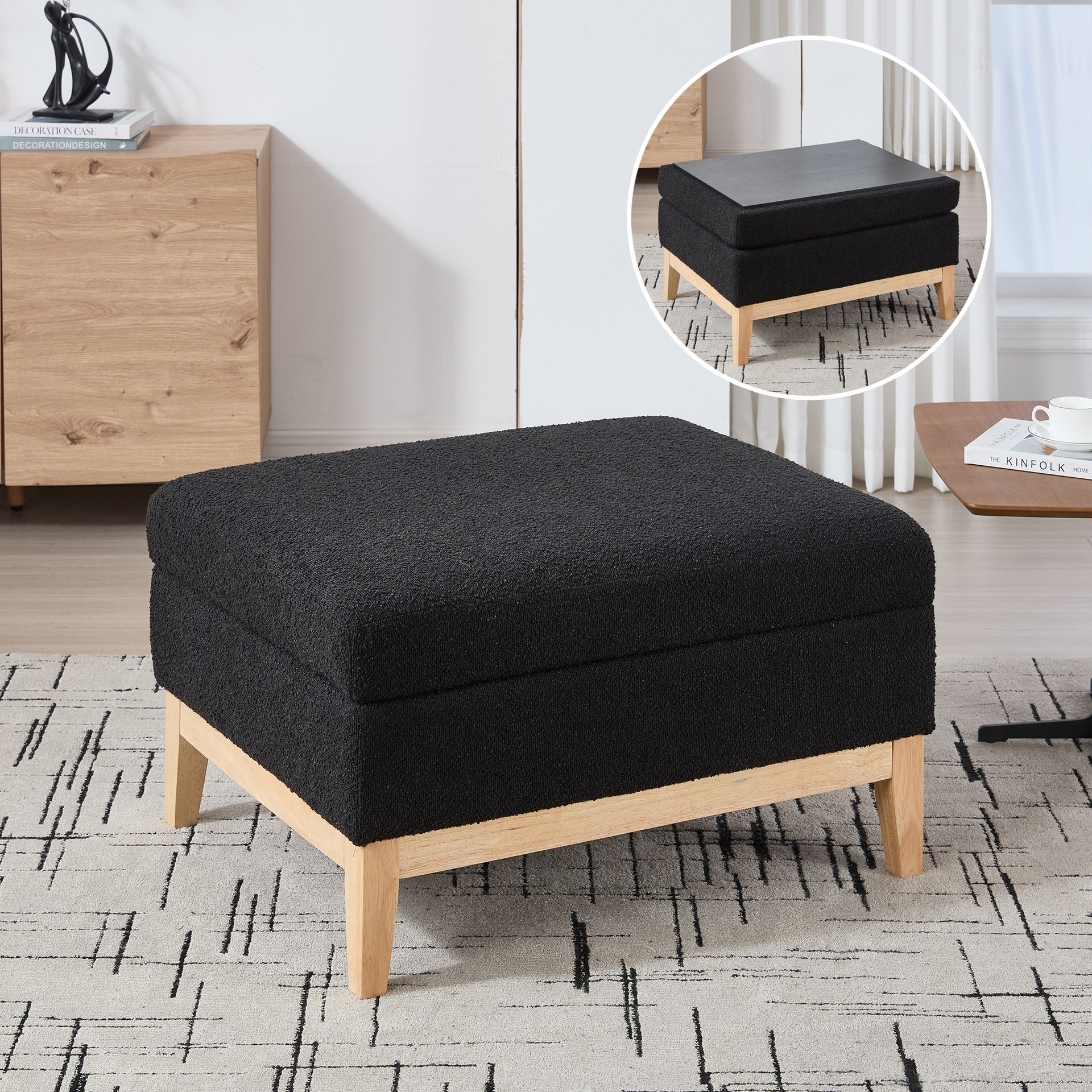 33.86"W Upholstered Wood Base Storage Ottoman With Reversible Lid Coffee Table, Foot Stool Square Footrest with Rubberwood Legs for Living Room Bedroom Entryway and Office,Black Boucle.