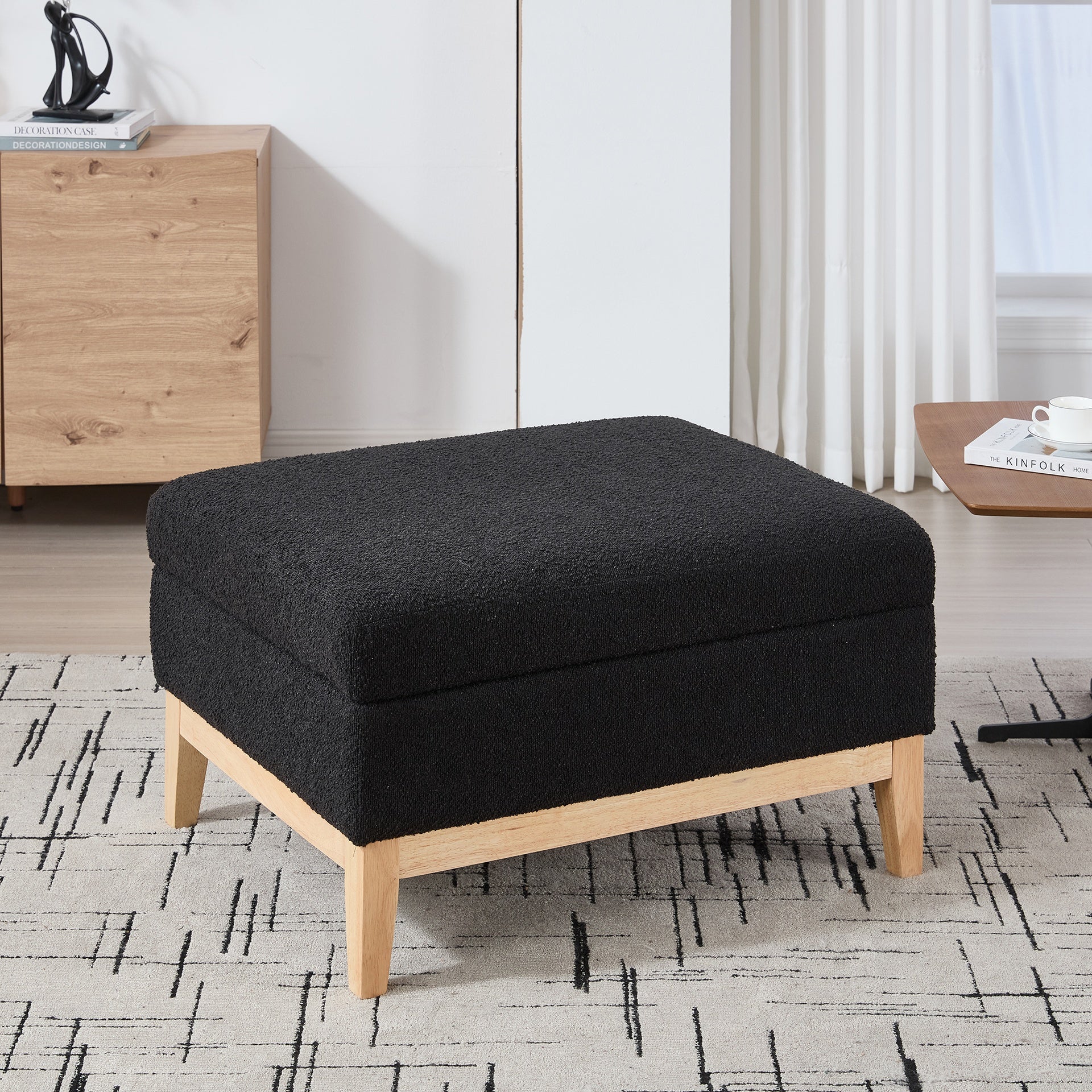 33.86"W Upholstered Wood Base Storage Ottoman With Reversible Lid Coffee Table, Foot Stool Square Footrest with Rubberwood Legs for Living Room Bedroom Entryway and Office,Black Boucle.