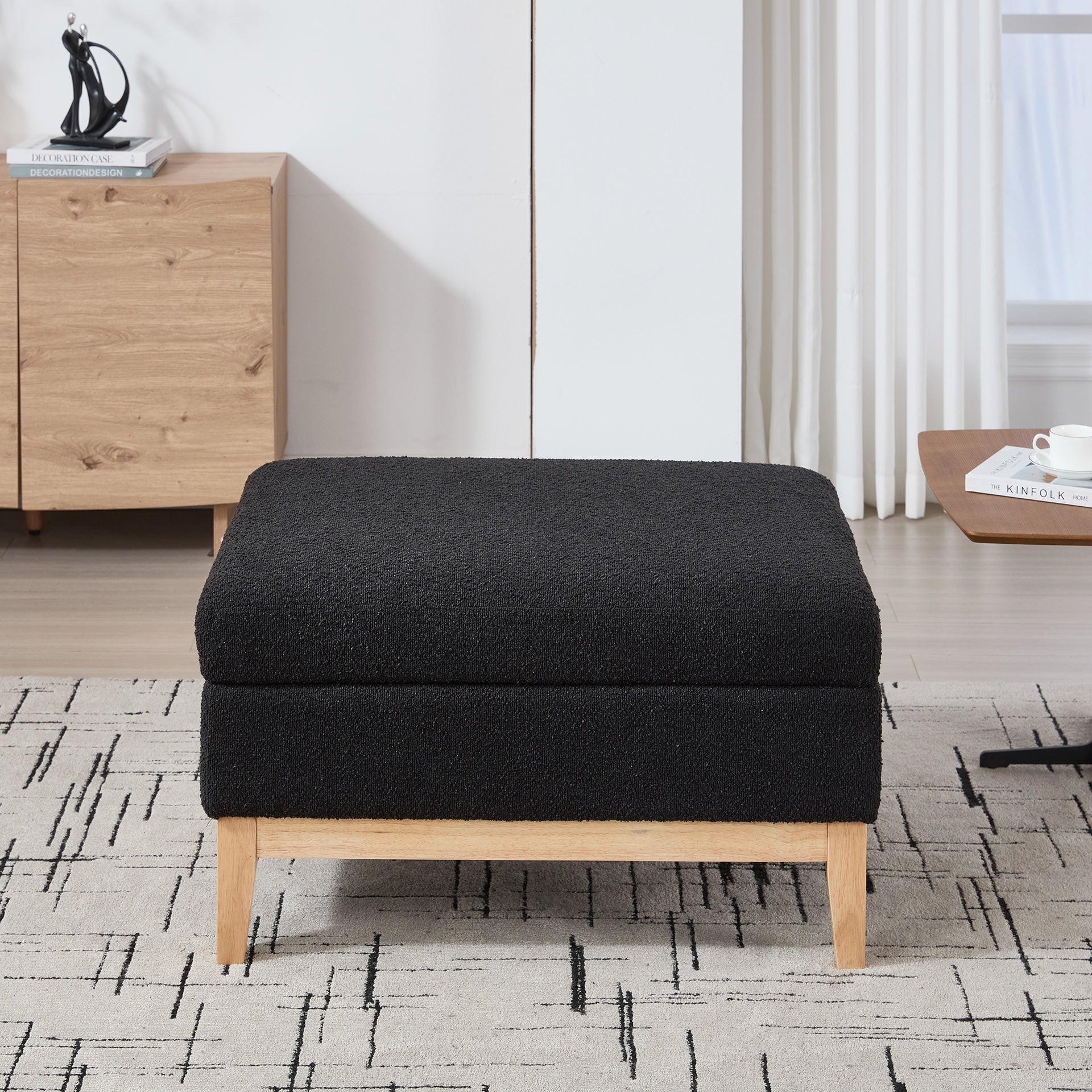 33.86"W Upholstered Wood Base Storage Ottoman With Reversible Lid Coffee Table, Foot Stool Square Footrest with Rubberwood Legs for Living Room Bedroom Entryway and Office,Black Boucle.