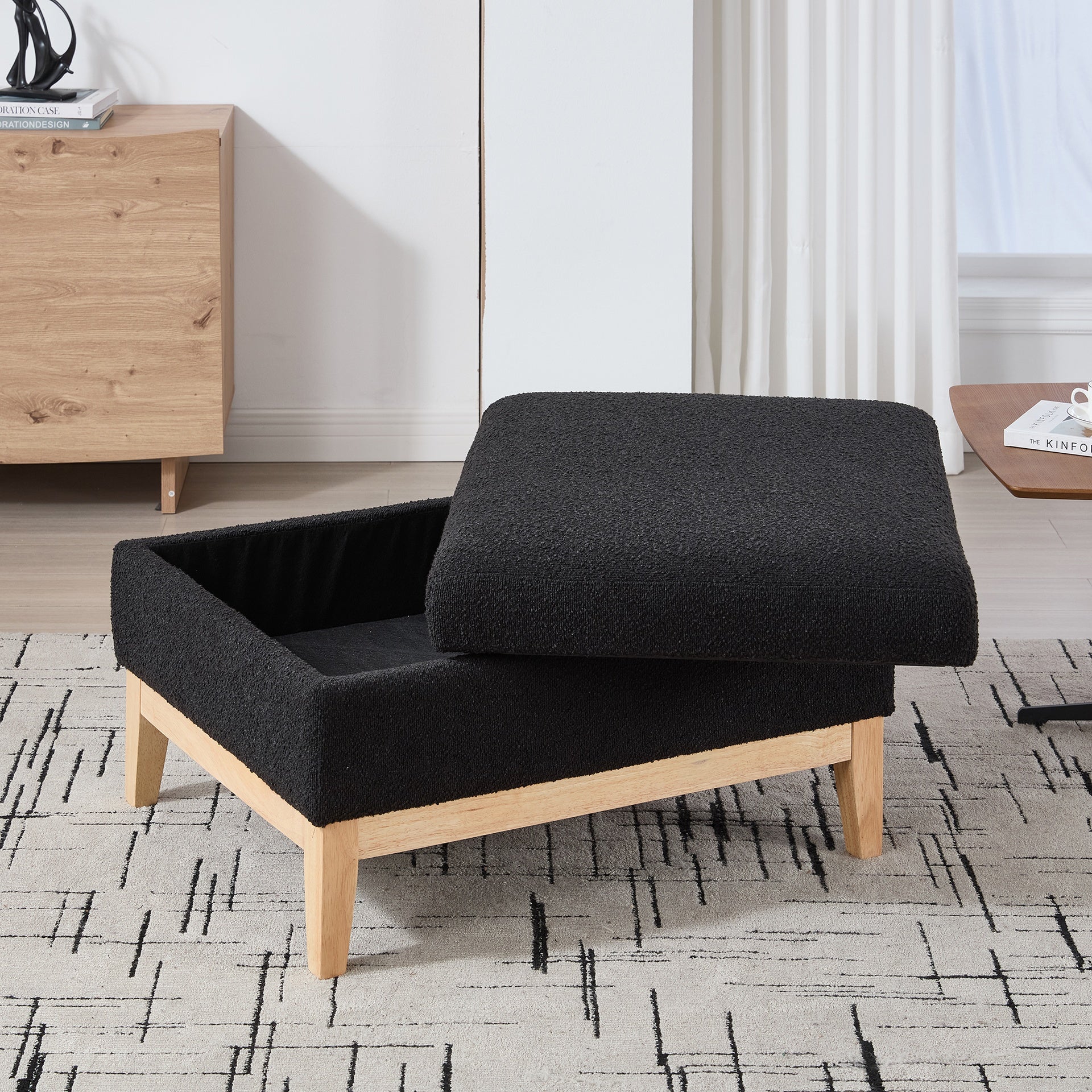 33.86"W Upholstered Wood Base Storage Ottoman With Reversible Lid Coffee Table, Foot Stool Square Footrest with Rubberwood Legs for Living Room Bedroom Entryway and Office,Black Boucle.